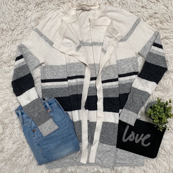 Loft Drape Open Cardigan 💗 Gray & White - Picture 3 of 13